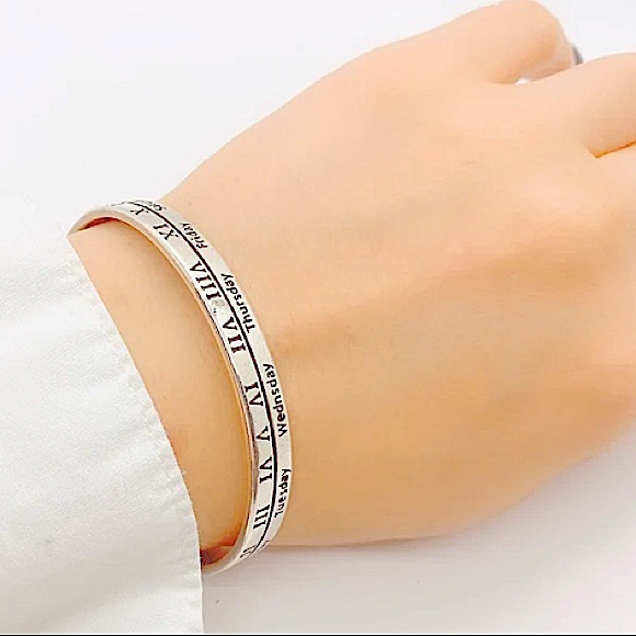 Sterling Silver Roman Numeral Bangle Cuff Bracelet - Picture 9 of 9